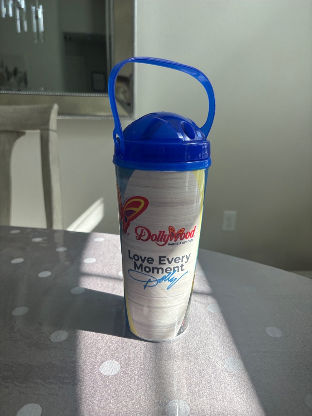 Dollywood Blue Travel Tumbler with Handle - Love Every Moment